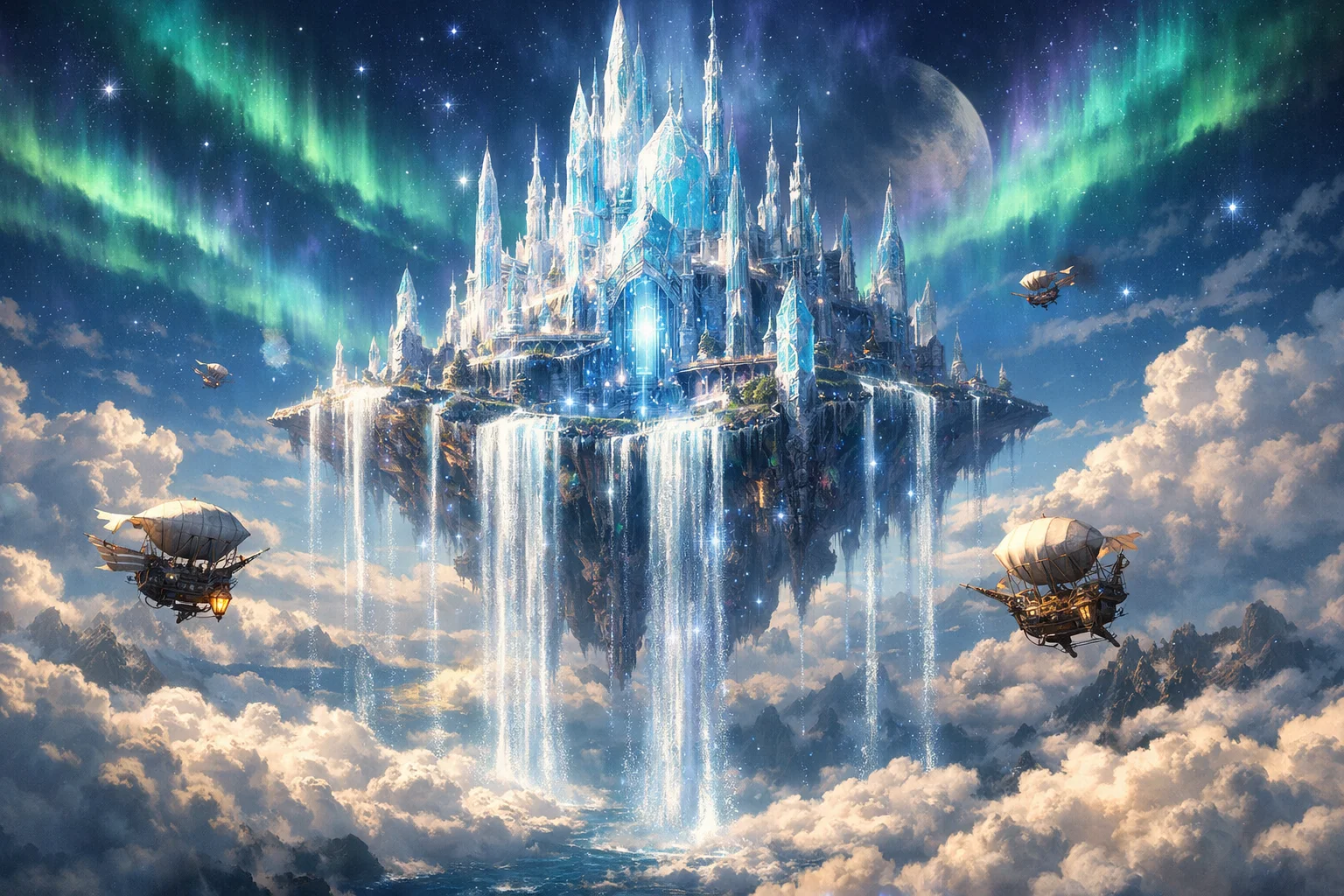 光の滝と飛行船が浮かぶ空中水晶宮殿を描いた Nano Banana 2 ファンタジーアート