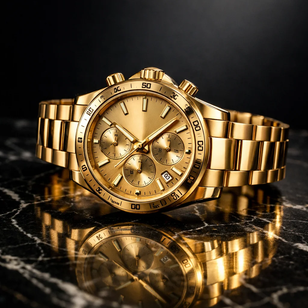 ダークマーブル上のゴールド時計を撮影した Nano Banana 2 の商品写真例