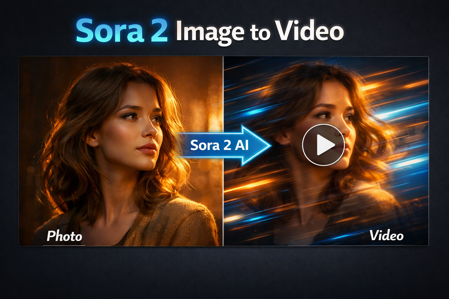 Sora 2 Image to Video — split image showing a cinematic portrait photo of a woman with warm golden light on the left labeled Photo, connected by a blue Sora 2 AI arrow to an animated video frame of the same woman with motion blur and speed streaks on the right labeled Video, dark background