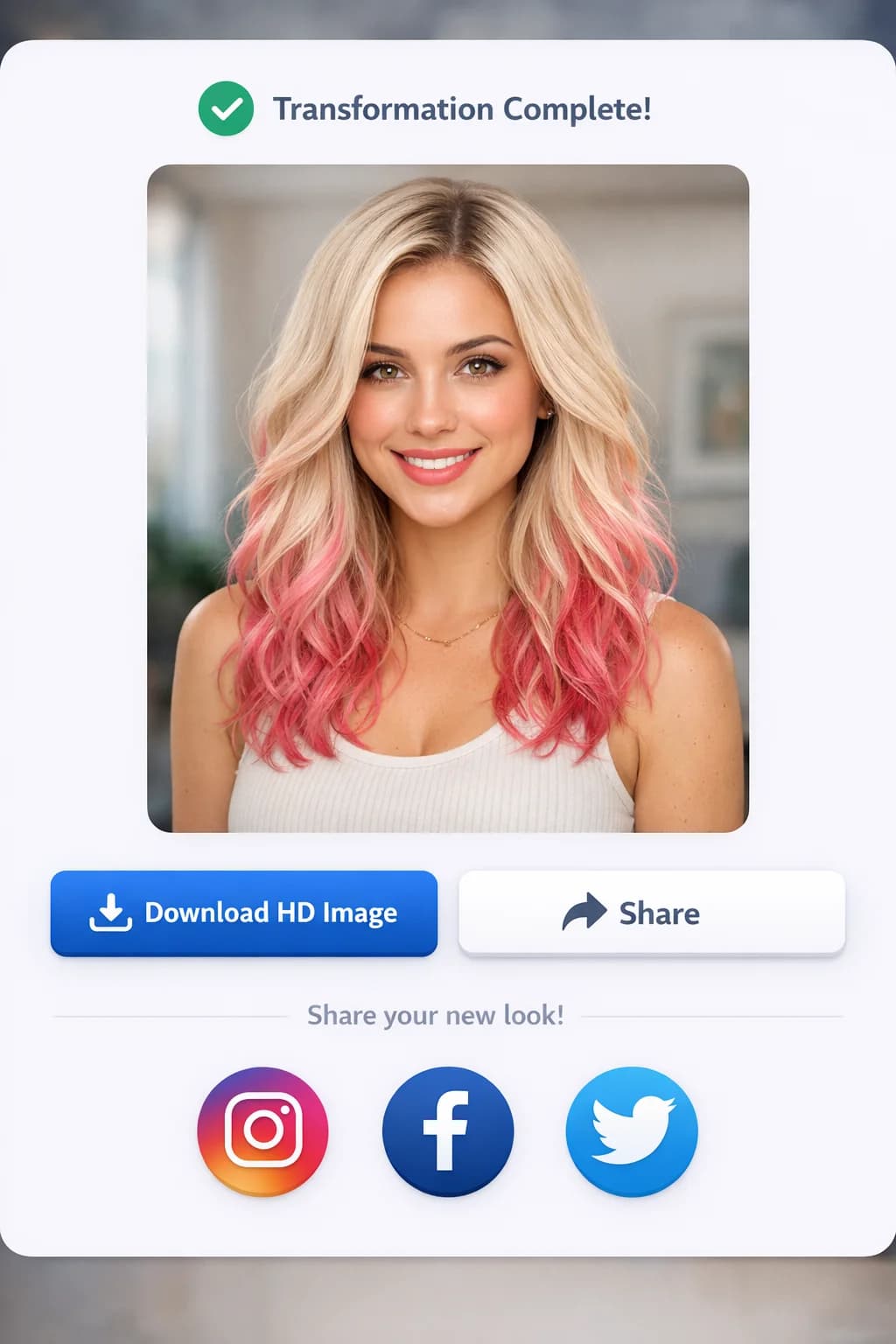 AI hairstyle changer result showing pink ombre hair transformation with gradient color effect