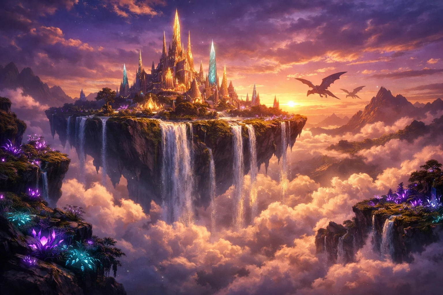 Nano Banana 2 fantasy art generation - floating island castle with waterfalls and dragons at sunset