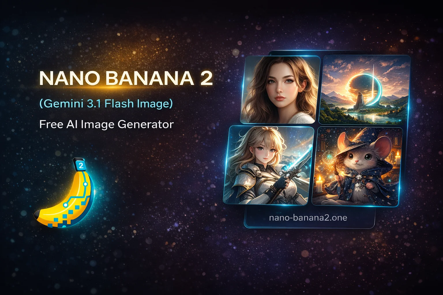 Nano Banana 2 (Gemini 3.1 Flash Image) free AI image generator showcase with sample artwork including anime, fantasy, and portrait outputs