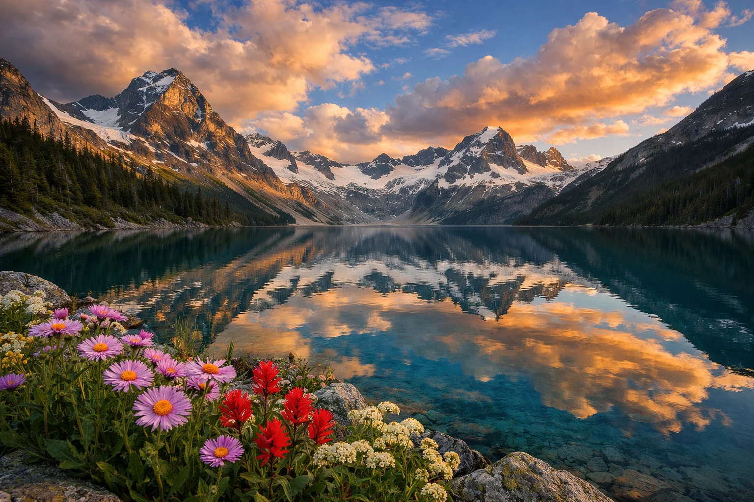 Nano Banana 2 AI landscape photography - alpine mountain lake with wildflowers at golden hour sunset