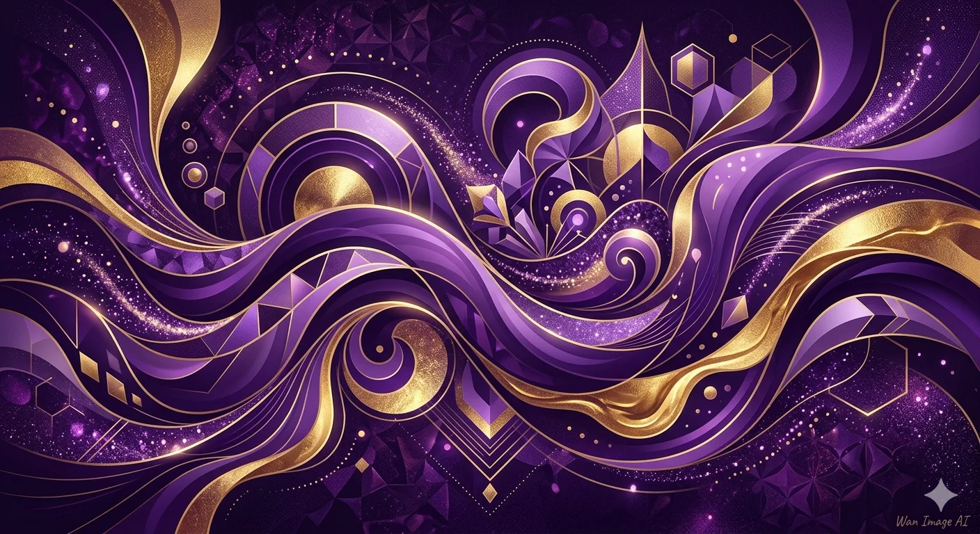 Wan 2.7 AI image generated abstract digital art with flowing purple and gold geometric patterns