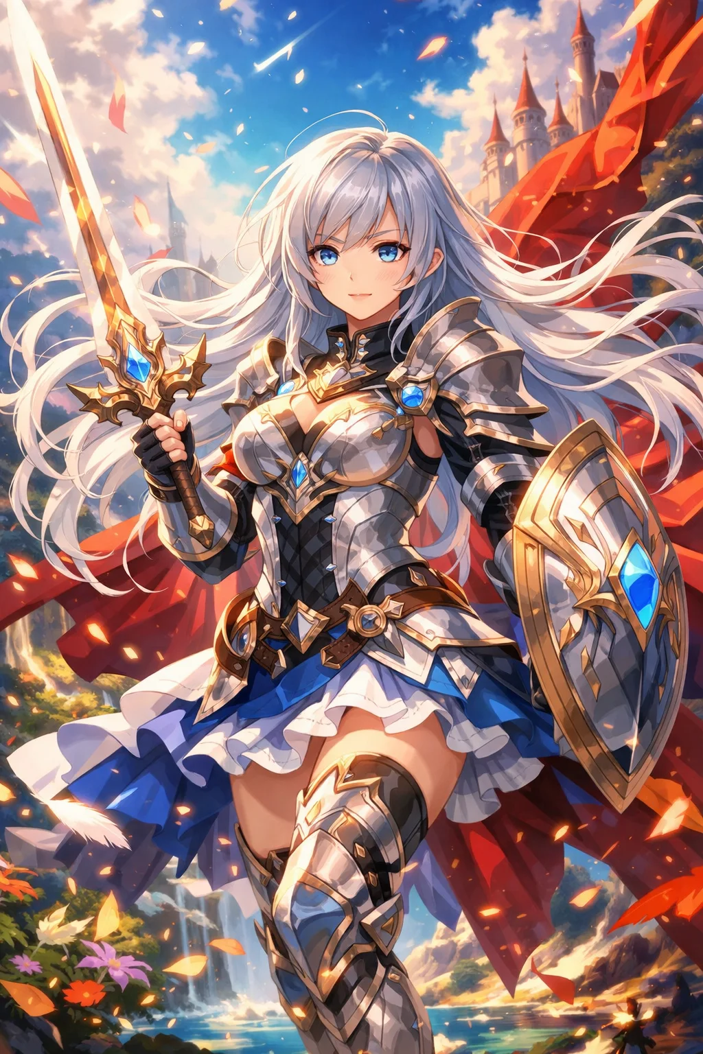 Wan 2.7 image generated anime-style female warrior in ornate silver armor with sword and shield, fantasy art