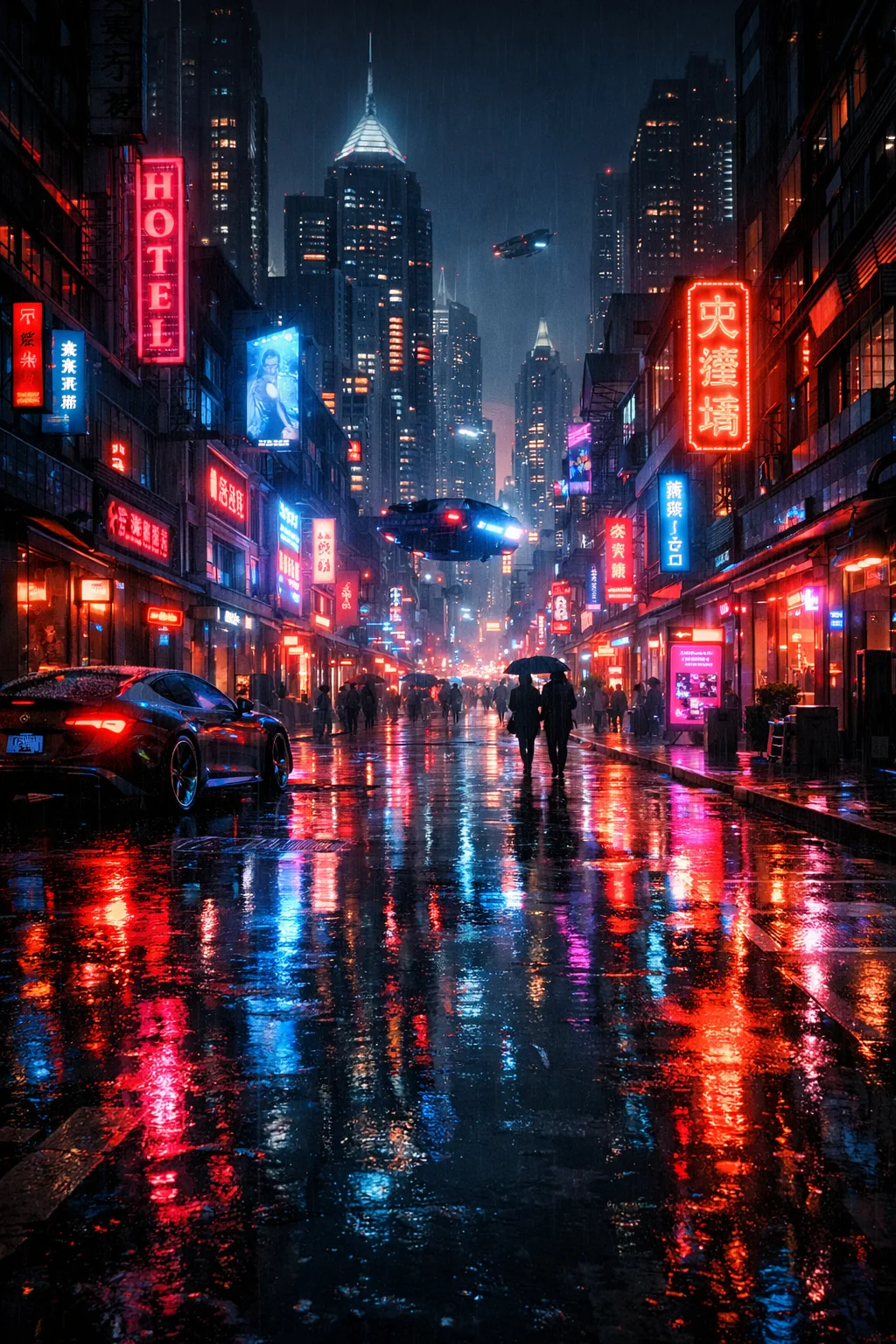 Wan 2.7 AI generated cyberpunk neon cityscape with rain-soaked streets and glowing signs at night