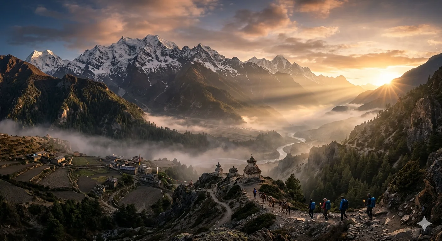 Wan 2.7 image generated epic Himalayan panorama at sunset with mountain village, river valley and trekkers