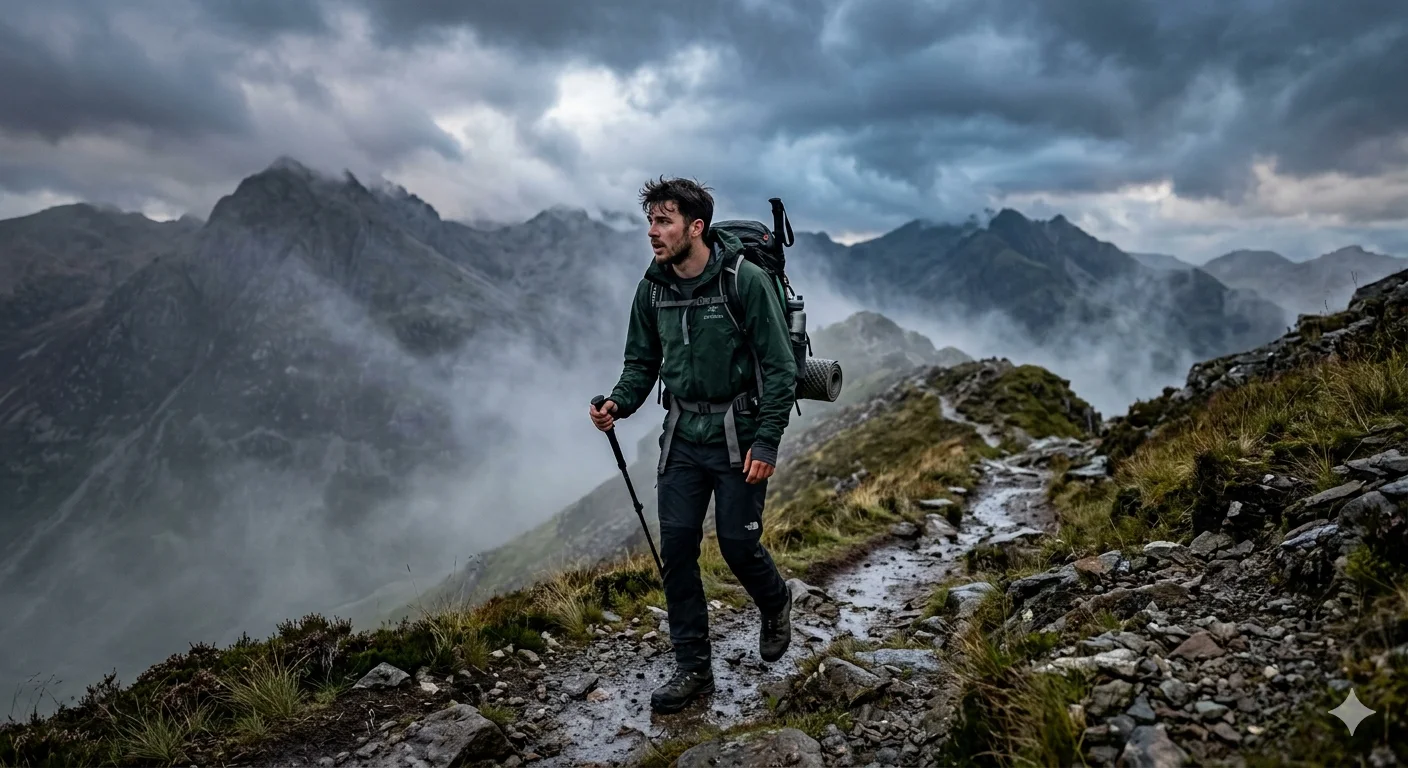 Wan 2.7 image generated outdoor lifestyle photo of male hiker with backpack on misty mountain trail