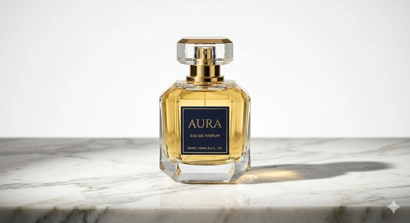 Wan 2.7 image generated luxury perfume bottle product photography on marble surface with studio lighting