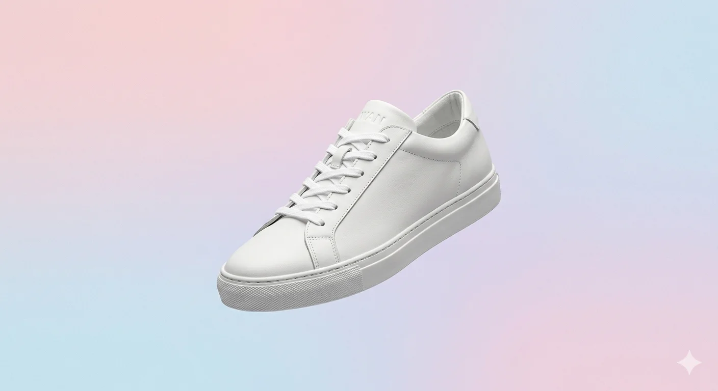 Wan 2.7 image generated floating white leather sneaker product photography on soft gradient background