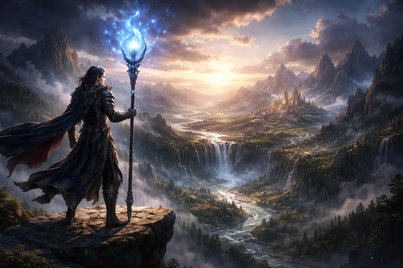 Z-Image AI generated fantasy landscape with warrior and glowing staff