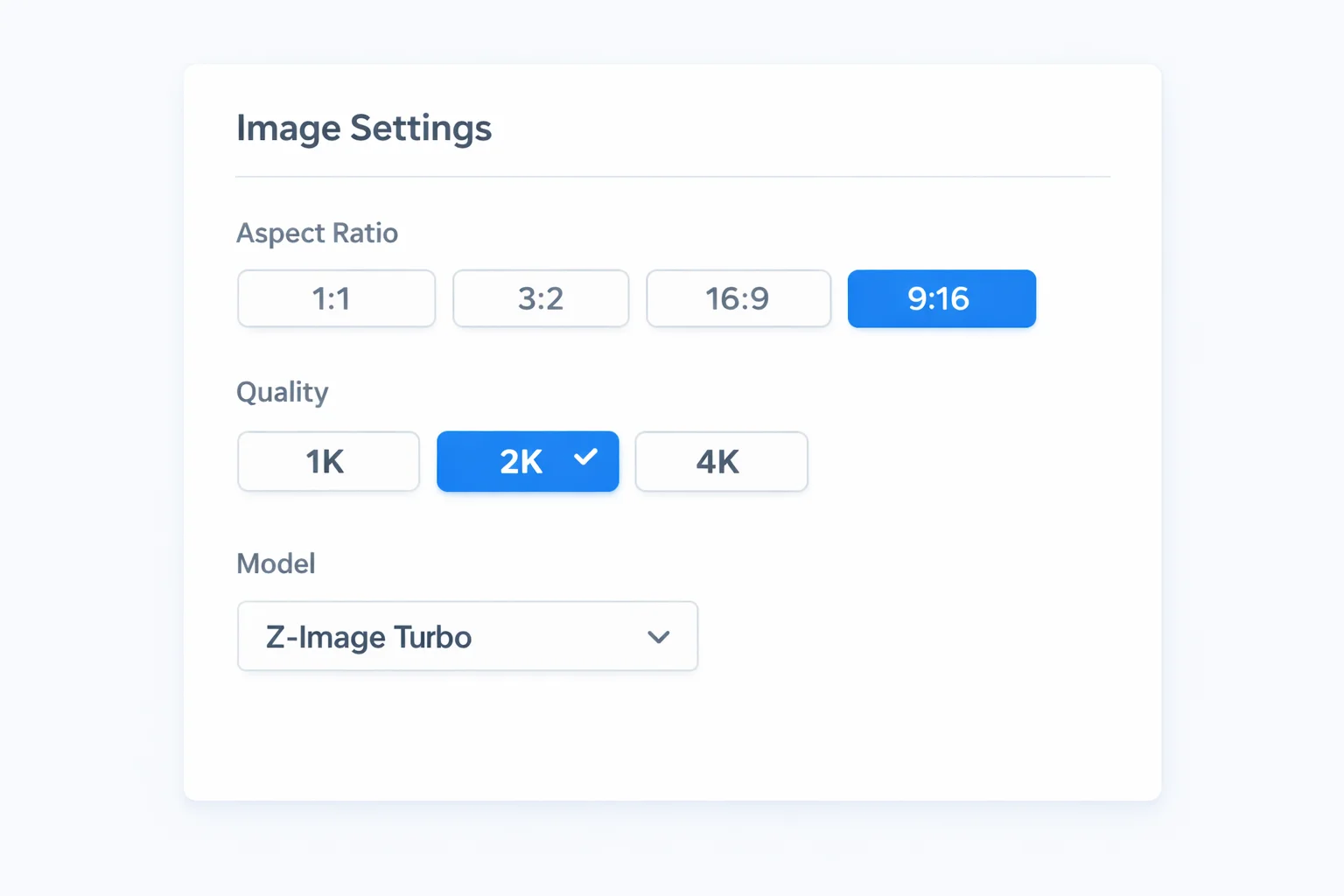 Z-Image AI settings panel with aspect ratio, quality, and model selection