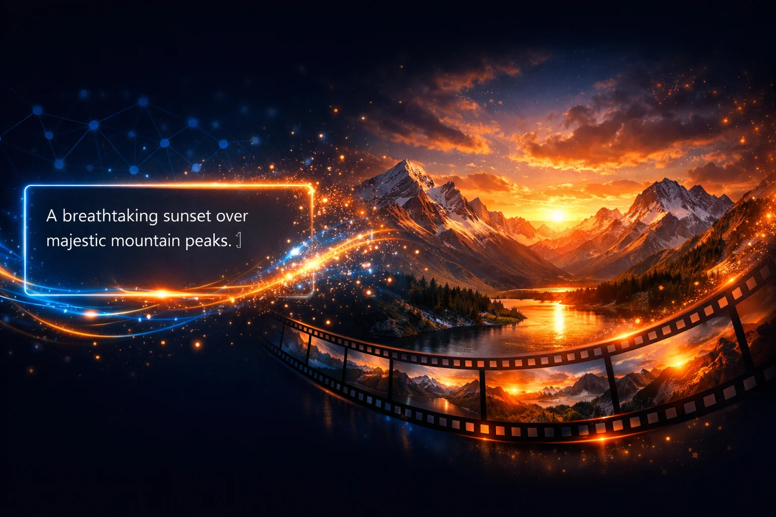 テキストから動画へのAI生成コンセプト、プロンプトがシネマティック出力に変換される様子