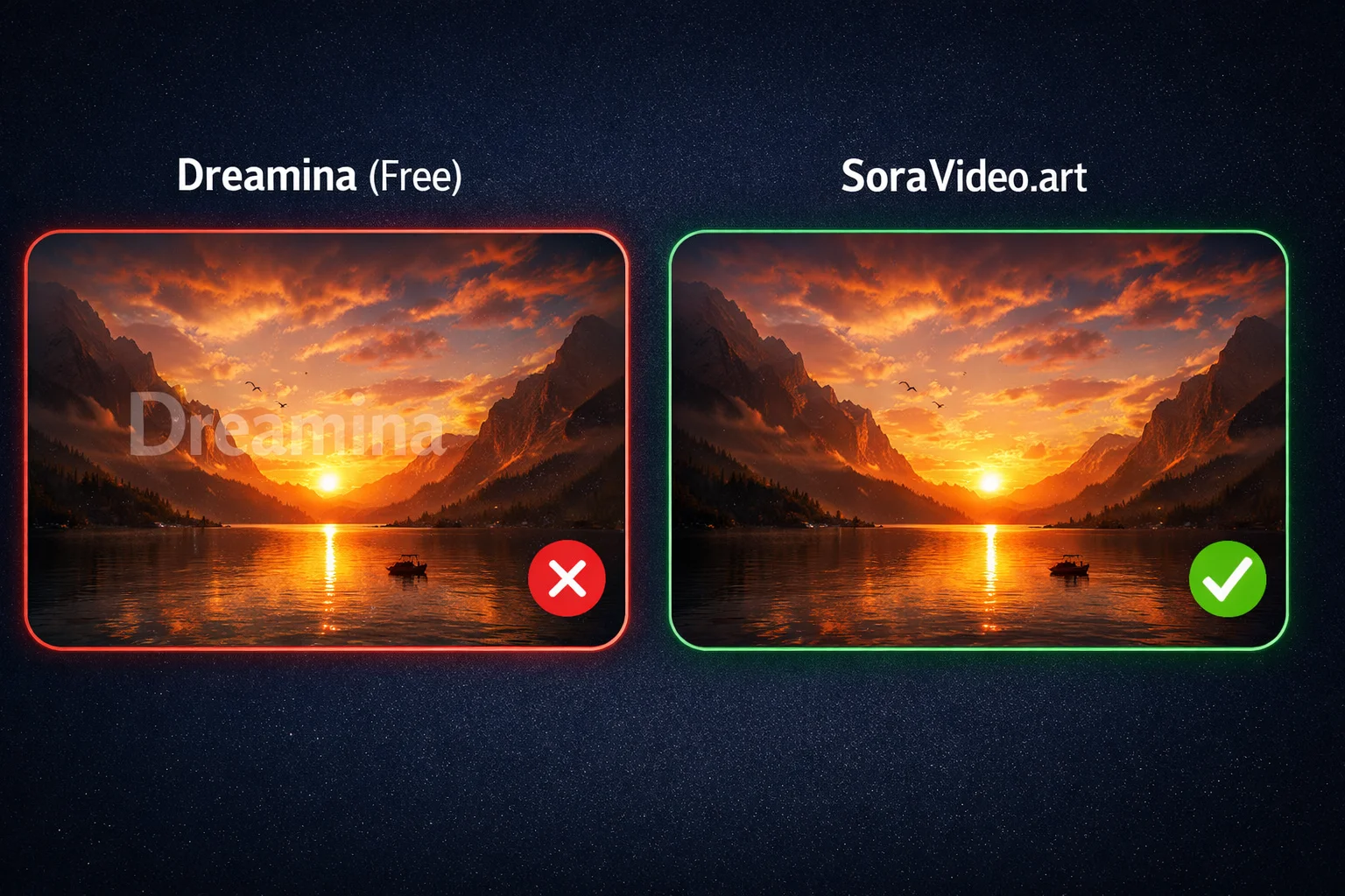 Comparison showing Dreamina adds watermark to free videos while SoraVideo.art delivers clean output