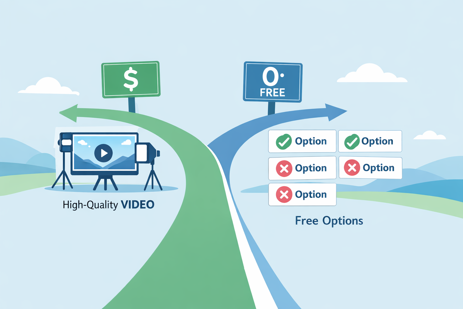 Infographic comparing free and paid watermark removal paths, showing free options with mixed results and paid options leading to clean video output