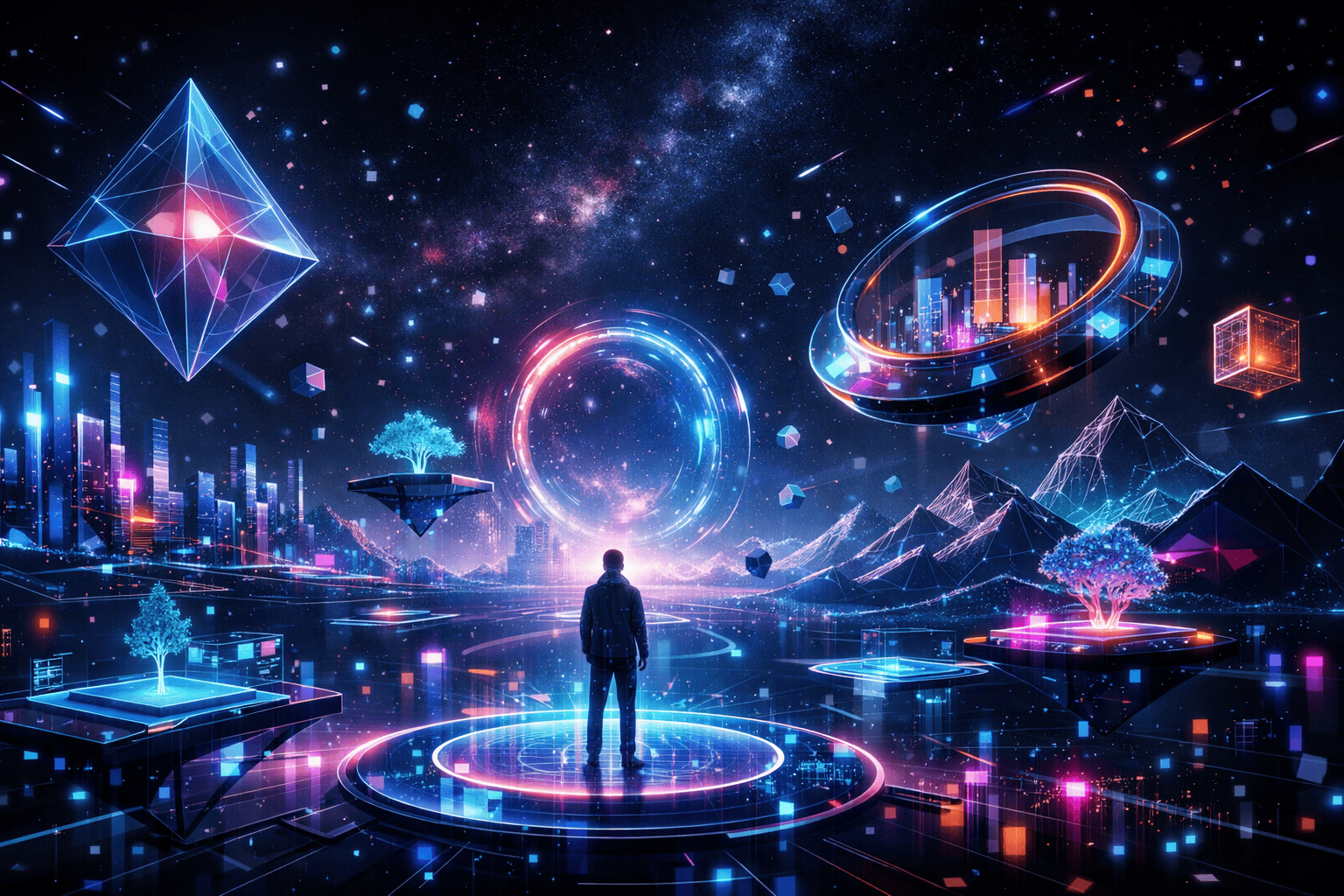 Google DeepMind 的 Genie 3 AI 世界模型生成的交互式 3D 环境,包含发光几何结构和霓虹景观