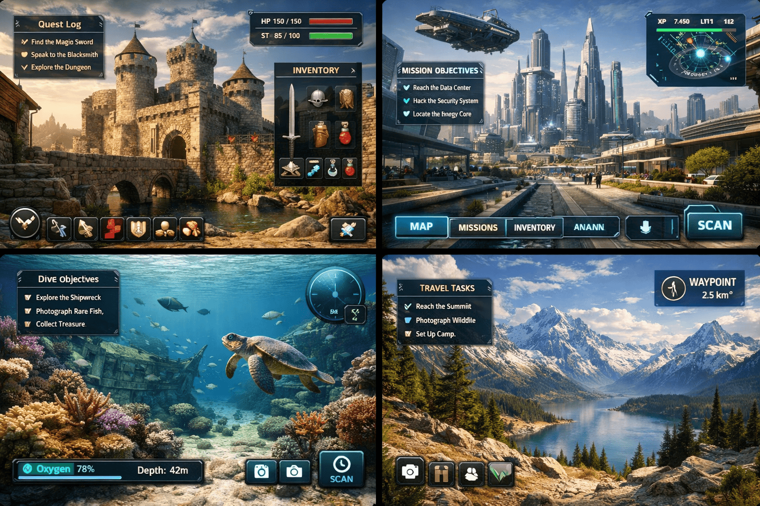 Genie 3 生成的四个交互式 3D 世界:带任务日志的中世纪城堡、赛博朋克未来城市、水下潜水场景、带路径标记的雪山景观