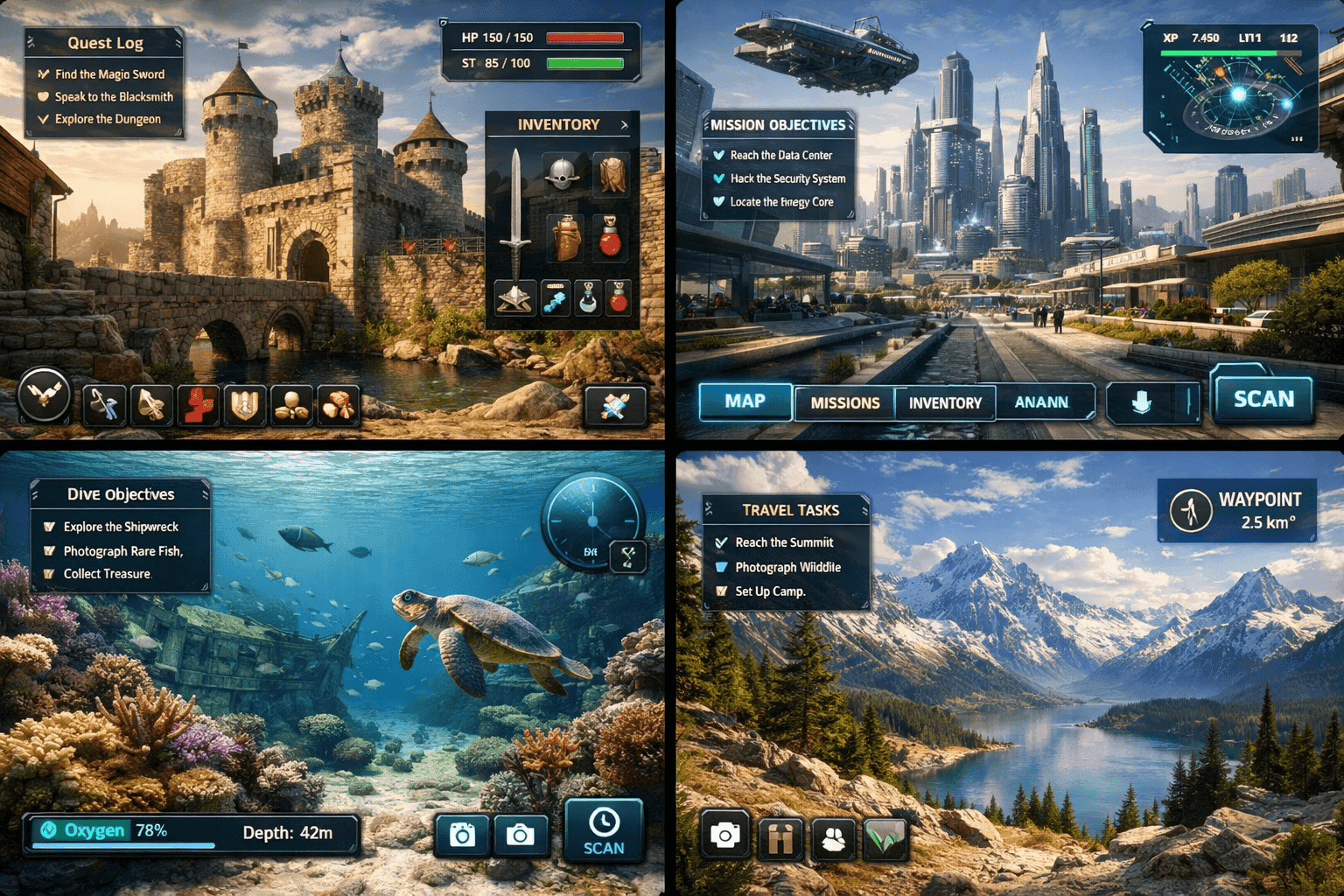 Four interactive 3D worlds generated by Genie 3: medieval castle with quest log, futuristic cyberpunk city, underwater dive scene, and mountain landscape with waypoints