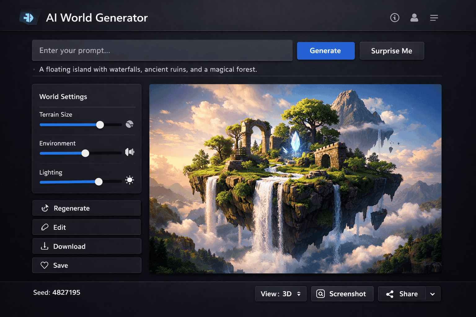 Project Genie demo interface showing AI world generator with text prompt input, world settings controls, and a generated floating island with waterfalls