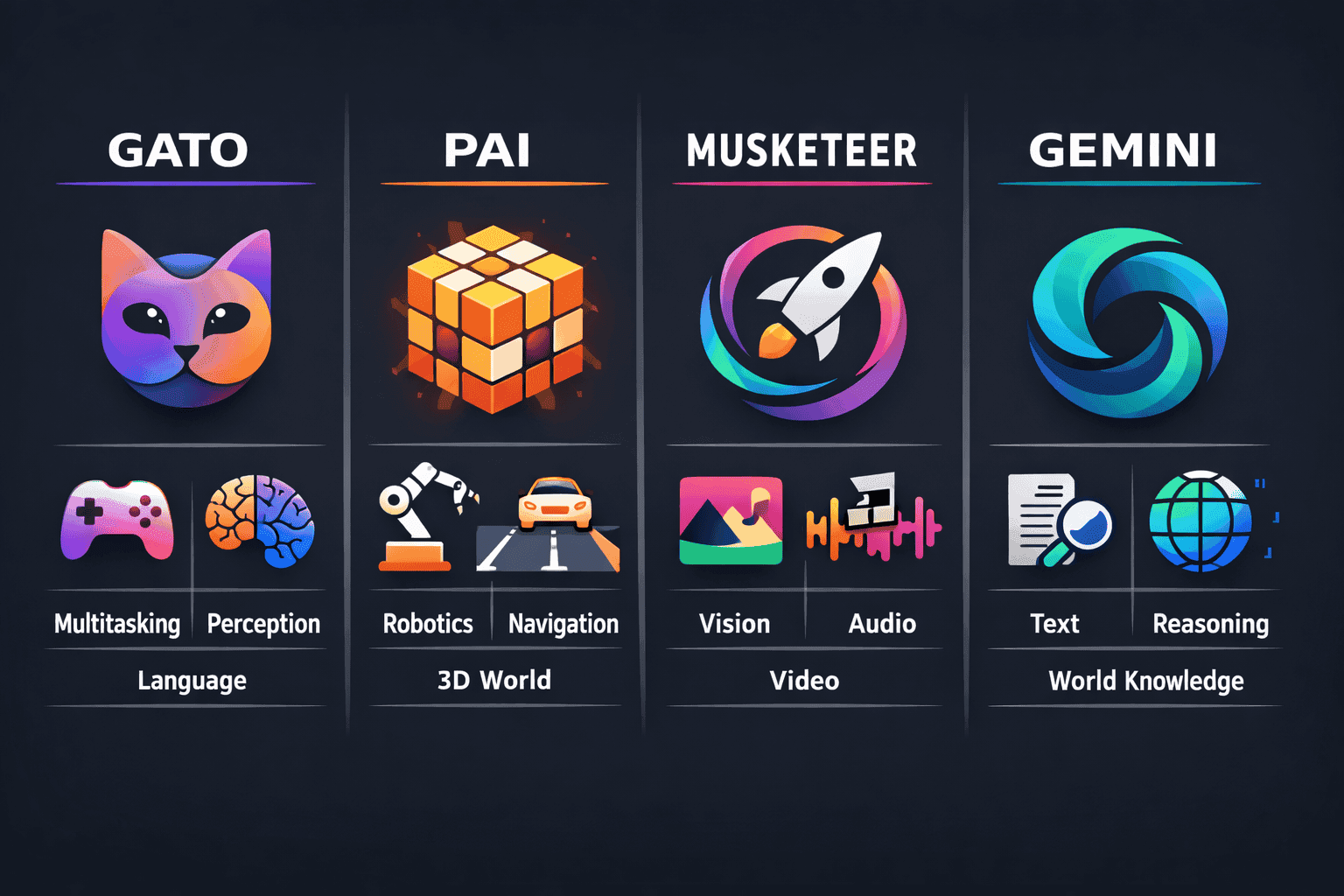 Comparison of AI world models including multitasking, robotics, vision, and reasoning capabilities across different Google DeepMind AI systems