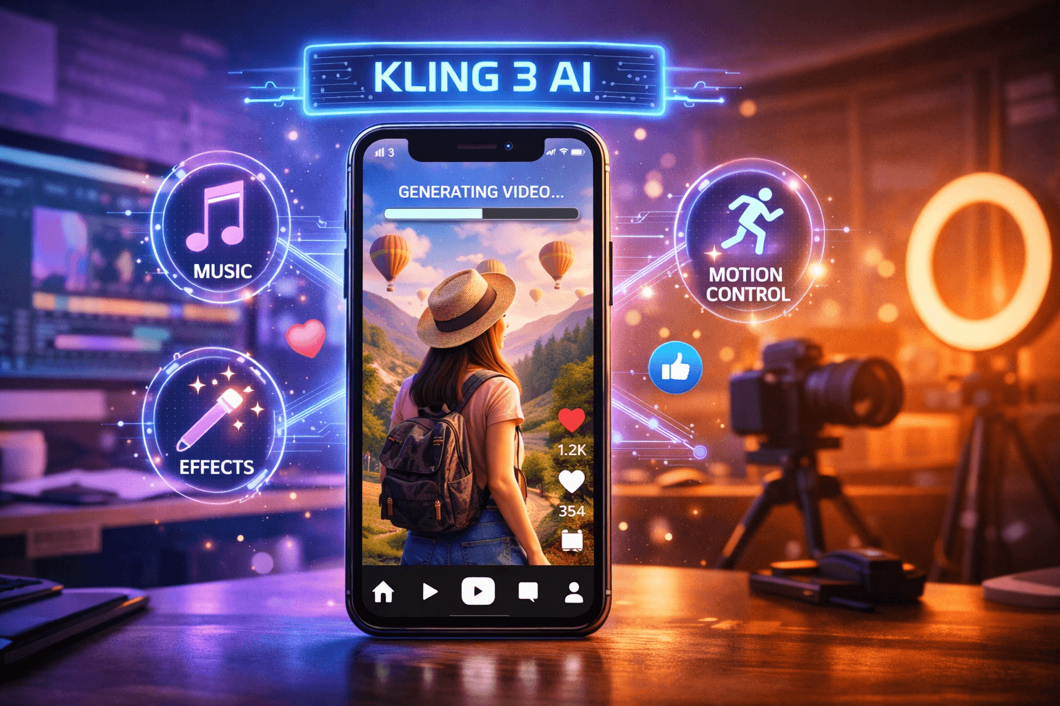 Kling 3 AI video model for TikTok creators showing a smartphone generating AI video content with music, effects, and motion control icons in a content creator workspace