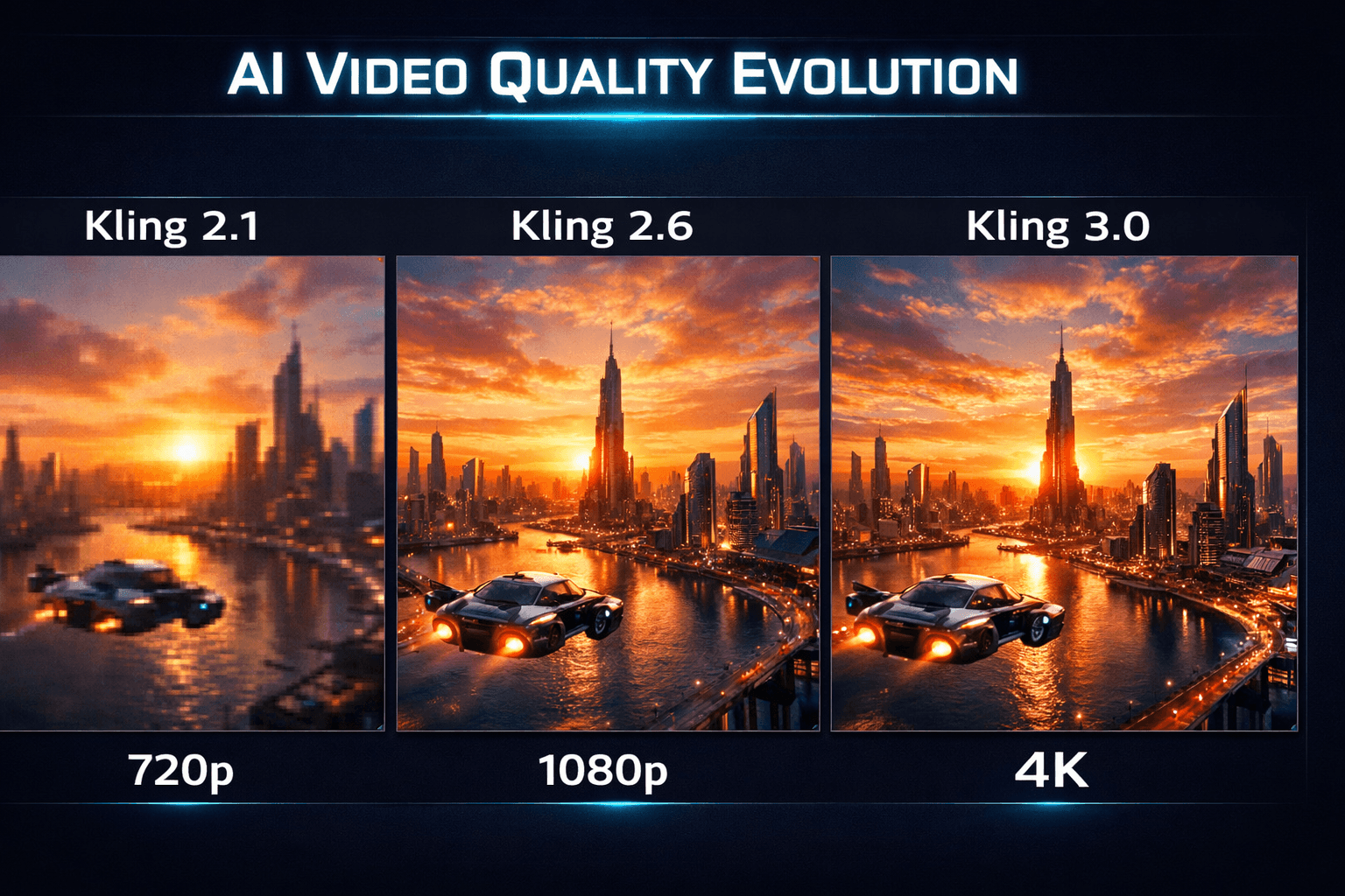 AI video quality evolution comparison showing Kling 2.1 at 720p, Kling 2.6 at 1080p, and Kling 3.0 at 4K resolution with a futuristic cityscape scene demonstrating progressive improvement in AI video model output quality