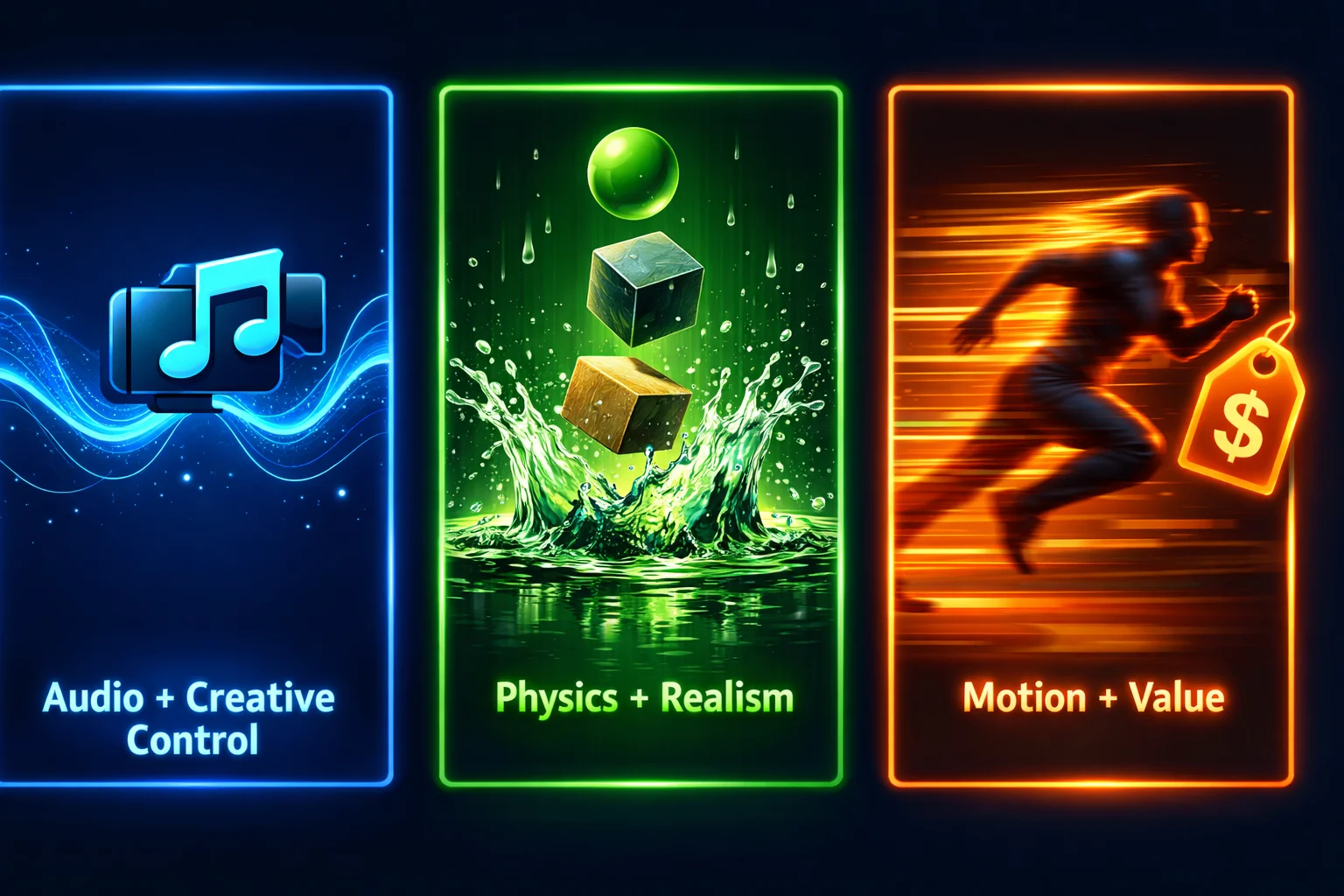 3-card comparison of AI video model strengths: Audio + Creative Control, Physics + Realism, Motion + Value