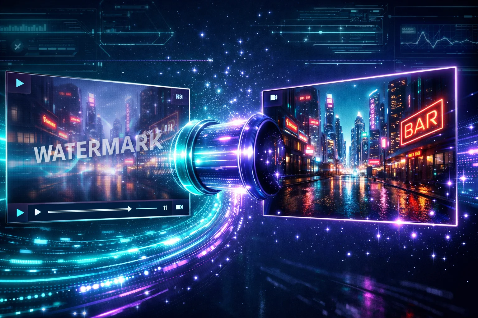 ウォーターマーク付き都市シーンからクリーンな出力への除去パイプライン図