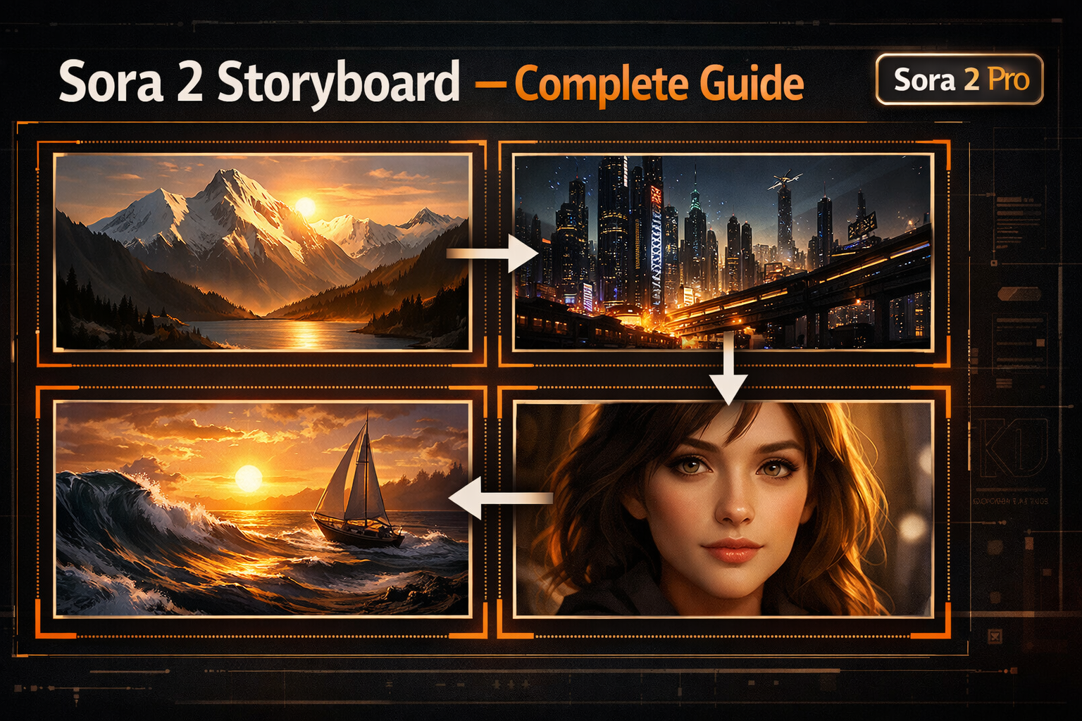 Sora 2 Storyboard Complete Guide — a 2x2 grid of four cinematic video frames: mountain landscape, neon city skyline, sailing boat at sunset, and cinematic portrait of a woman, connected by arrows showing the multi-frame storyboard sequence flow with Sora 2 Pro badge in corner, dark background with orange frame borders