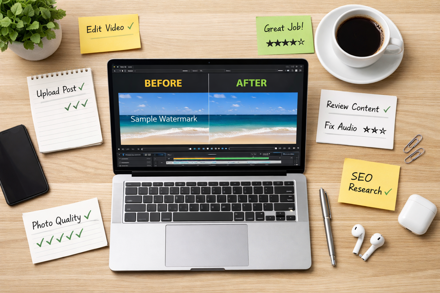 笔记本电脑桌面工作区展示Sora 2水印去除前后对比效果,周围散落着测试评分笔记