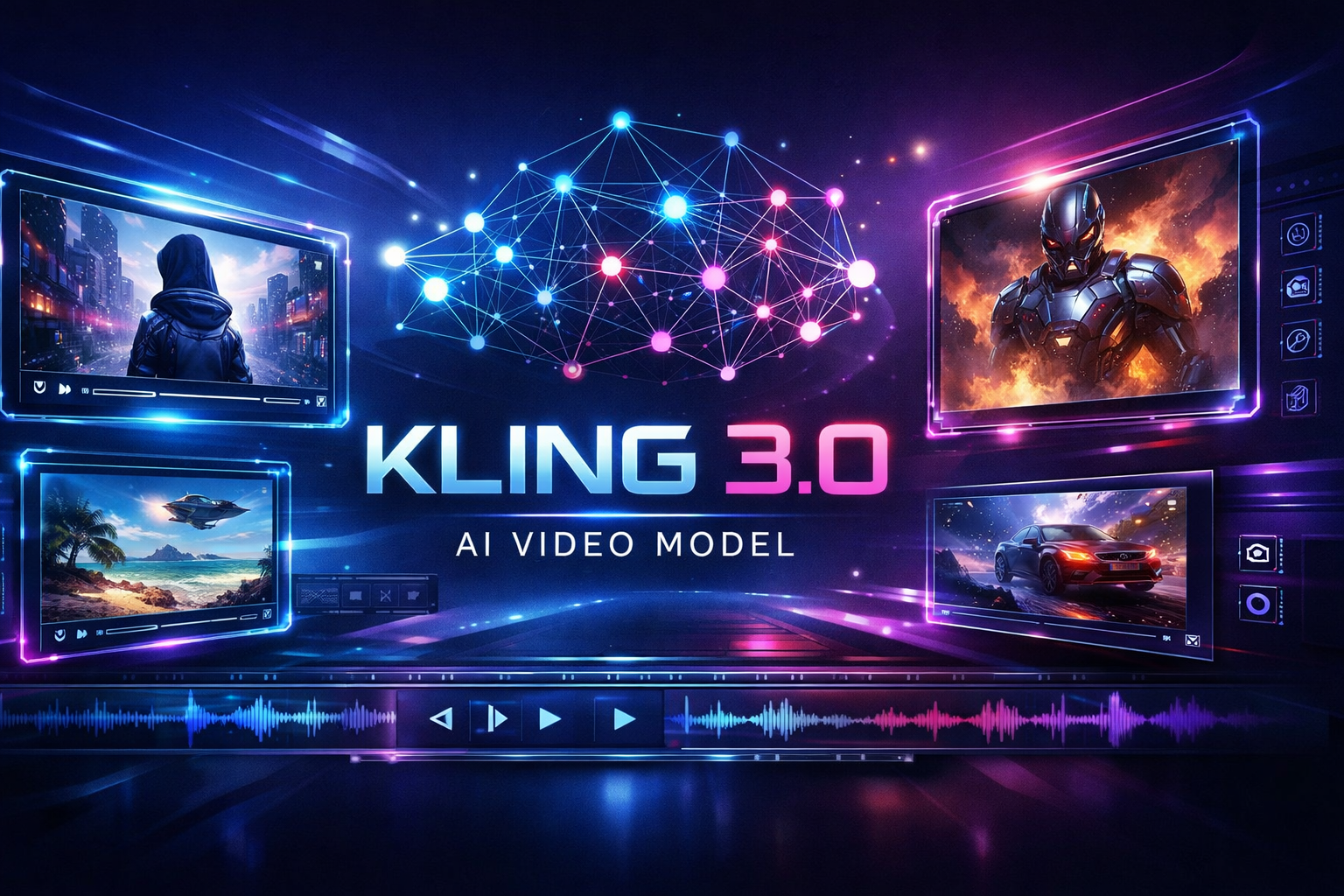 Kling 3.0 AIビデオモデルバナー、ホログラフィックビデオスクリーン、ニューラルネットワーク可視化、KLING 3.0ブランディングを備えた映画的AIビデオ生成インターフェース