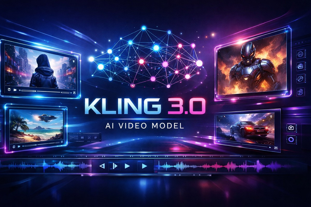 Kling 3.0 AI video model banner featuring holographic video screens, neural network visualization, and cinematic AI video generation interface with KLING 3.0 branding