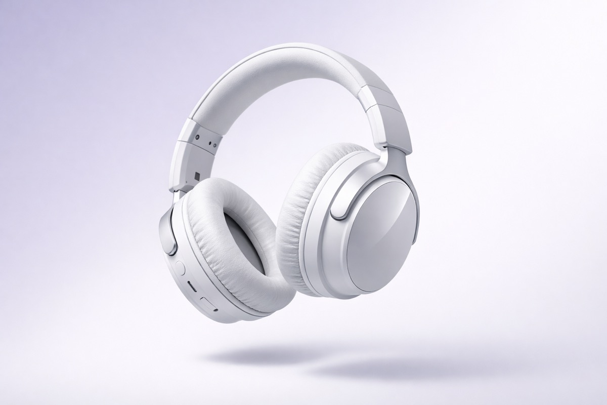 White product headphones floating against clean background — example of the type of e-commerce product video that Kling 3.0 AI can generate from a single product image using image-to-video generation