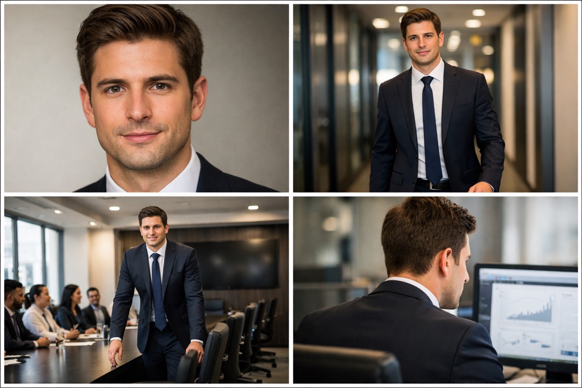 Kling 3.0 AI character consistency demonstration showing the same business professional in four different scenes — close-up portrait, office corridor, boardroom meeting, and working at computer — maintaining identical facial features and clothing across all shots