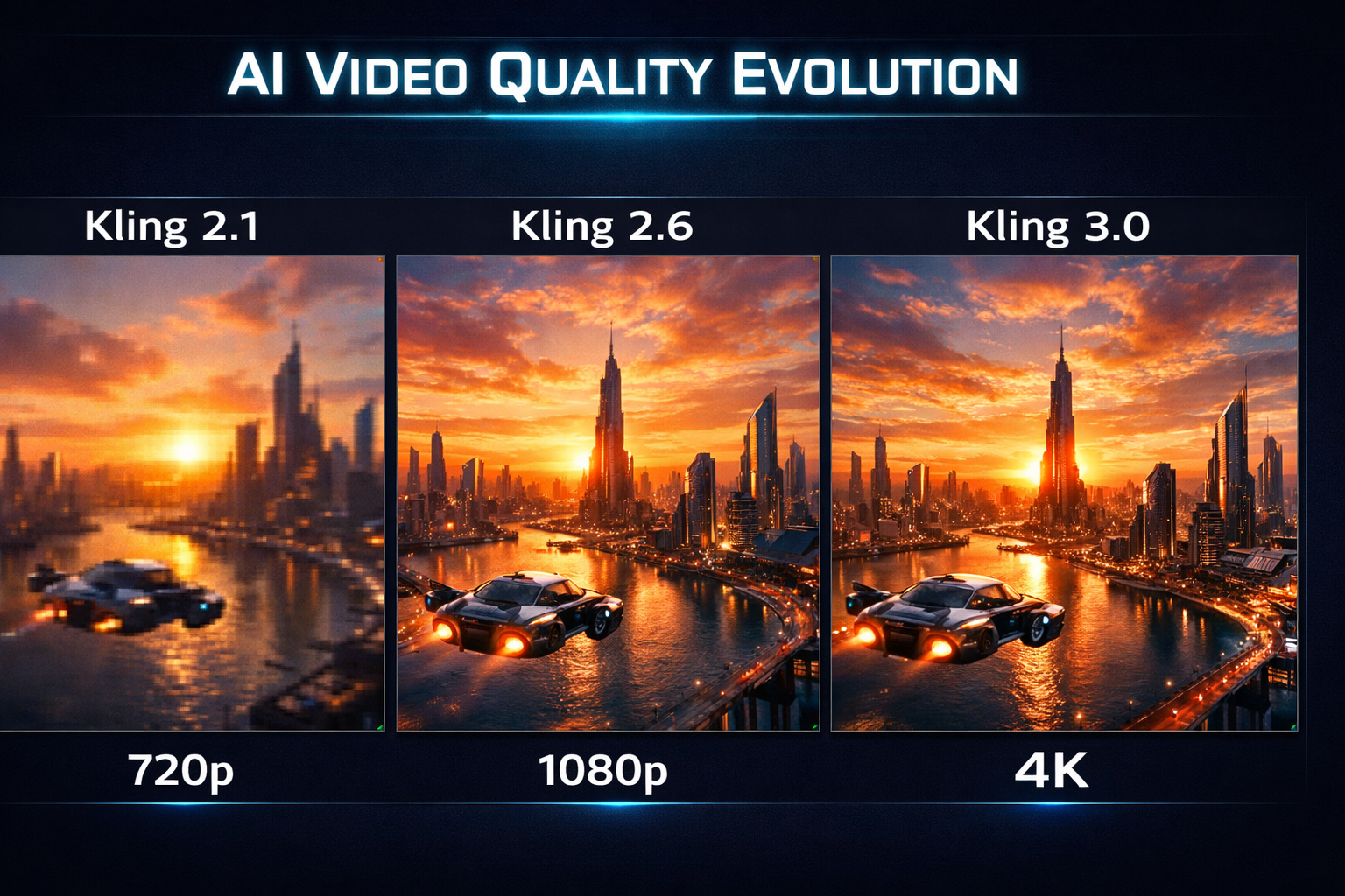 AIビデオ品質進化比較、Kling 2.1の720p、Kling 2.6の1080p、Kling 3.0の4K解像度を未来都市景観シーンで表示し、AIビデオモデル出力品質の段階的向上を実証