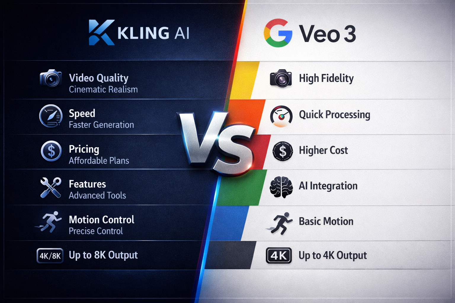 Kling AI vs Veo 3比較インフォグラフィック、AIビデオ品質、生成速度、価格、機能、モーションコントロール精度、最大ビデオ解像度出力の違いを並列表示