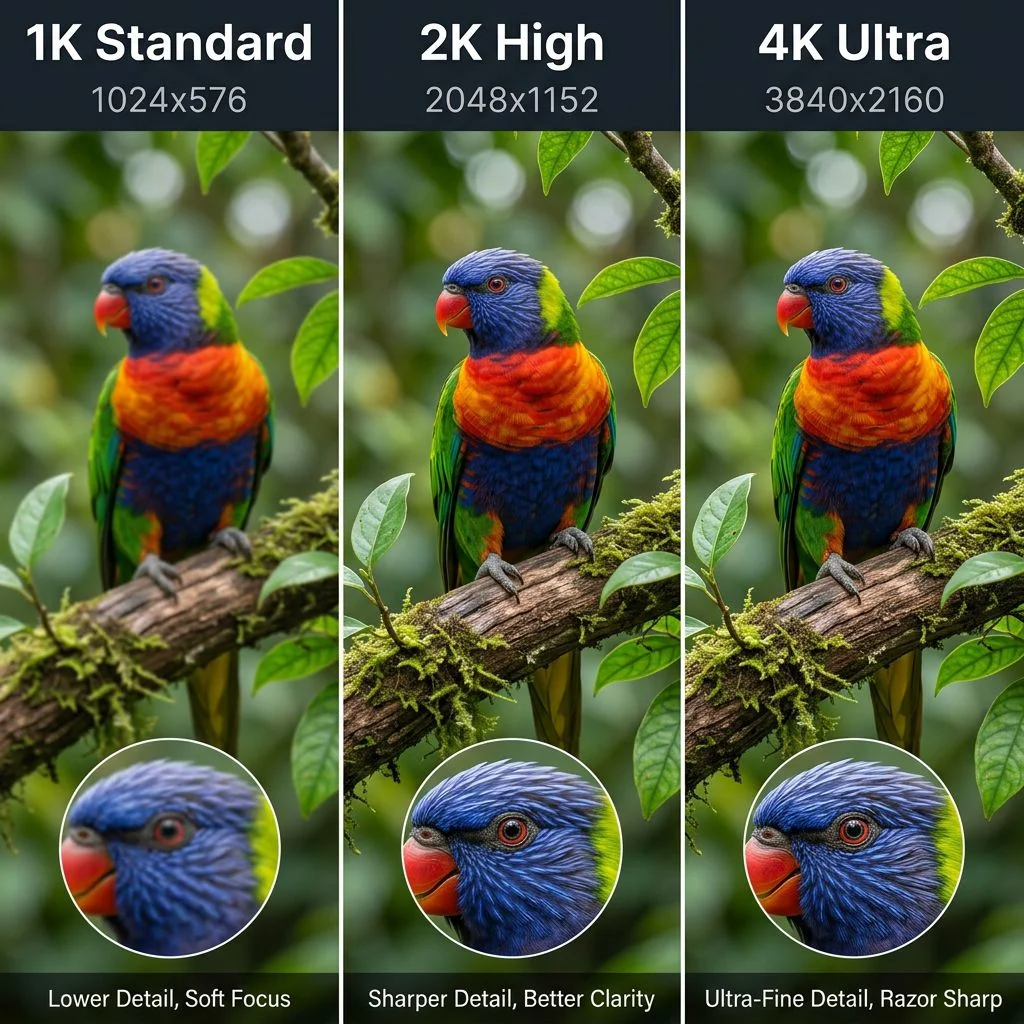 Nano Banana 2 quality comparison showing 1K Standard, 2K High, and 4K Ultra resolution differences on a colorful bird