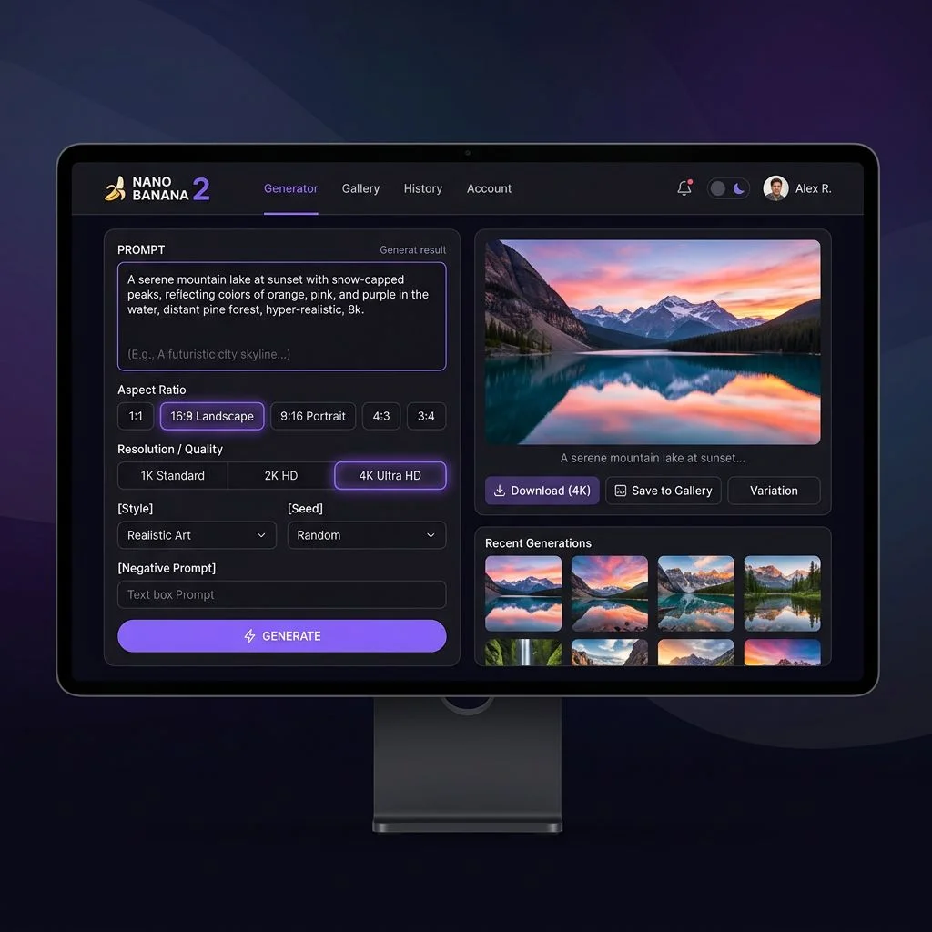 Nano Banana 2 interface showing prompt input, aspect ratio selector, and quality settings