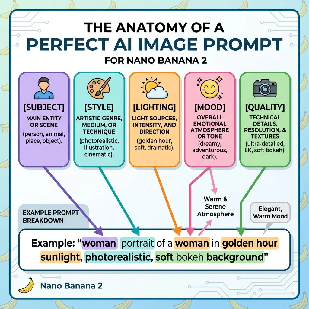 The anatomy of a perfect AI image prompt for Nano Banana 2 showing Subject, Style, Lighting, Mood, and Quality components