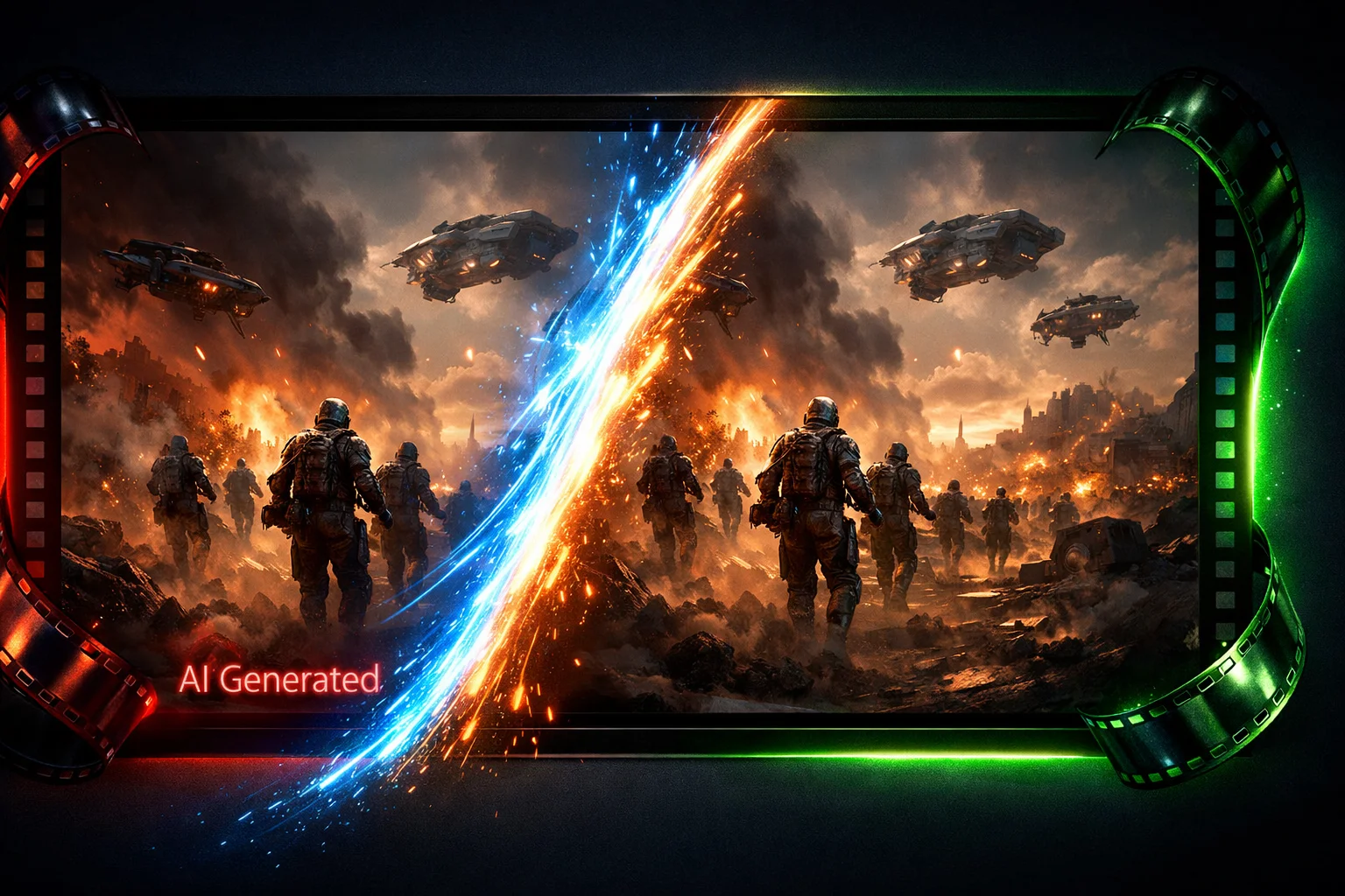 Before and after split showing Seedance 2.0 AI Generated watermark on a battle scene with soldiers