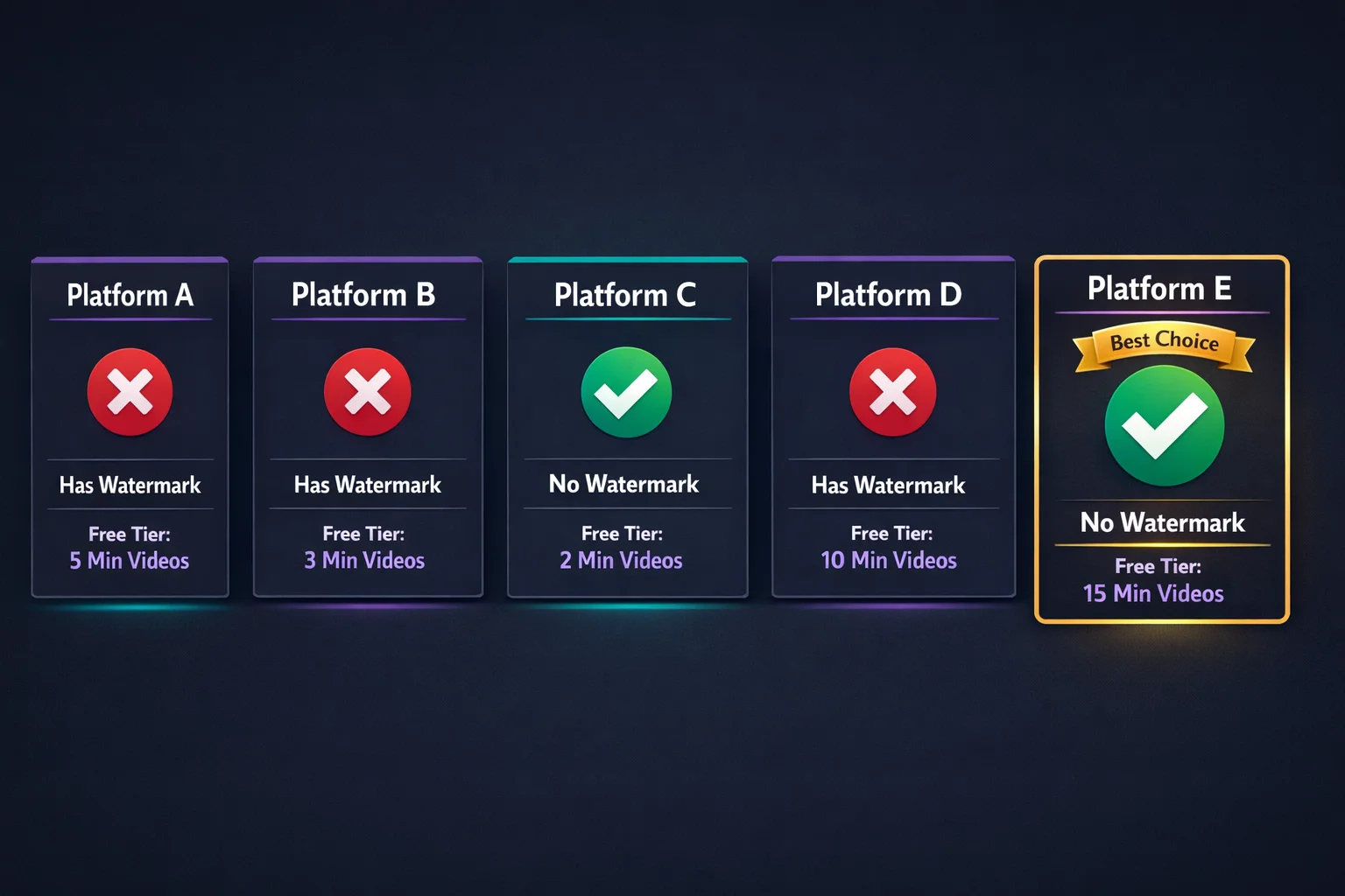 5つのAI動画プラットフォームのウォーターマーク状況比較 — Platform E(SoraVideo.art)だけがウォーターマークなし