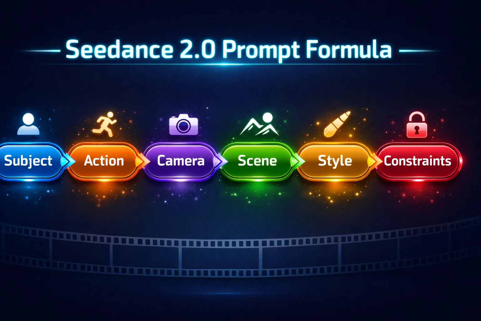 Seedance 2.0 Prompt Formula showing 6 elements: Subject, Action, Camera, Scene, Style, Constraints