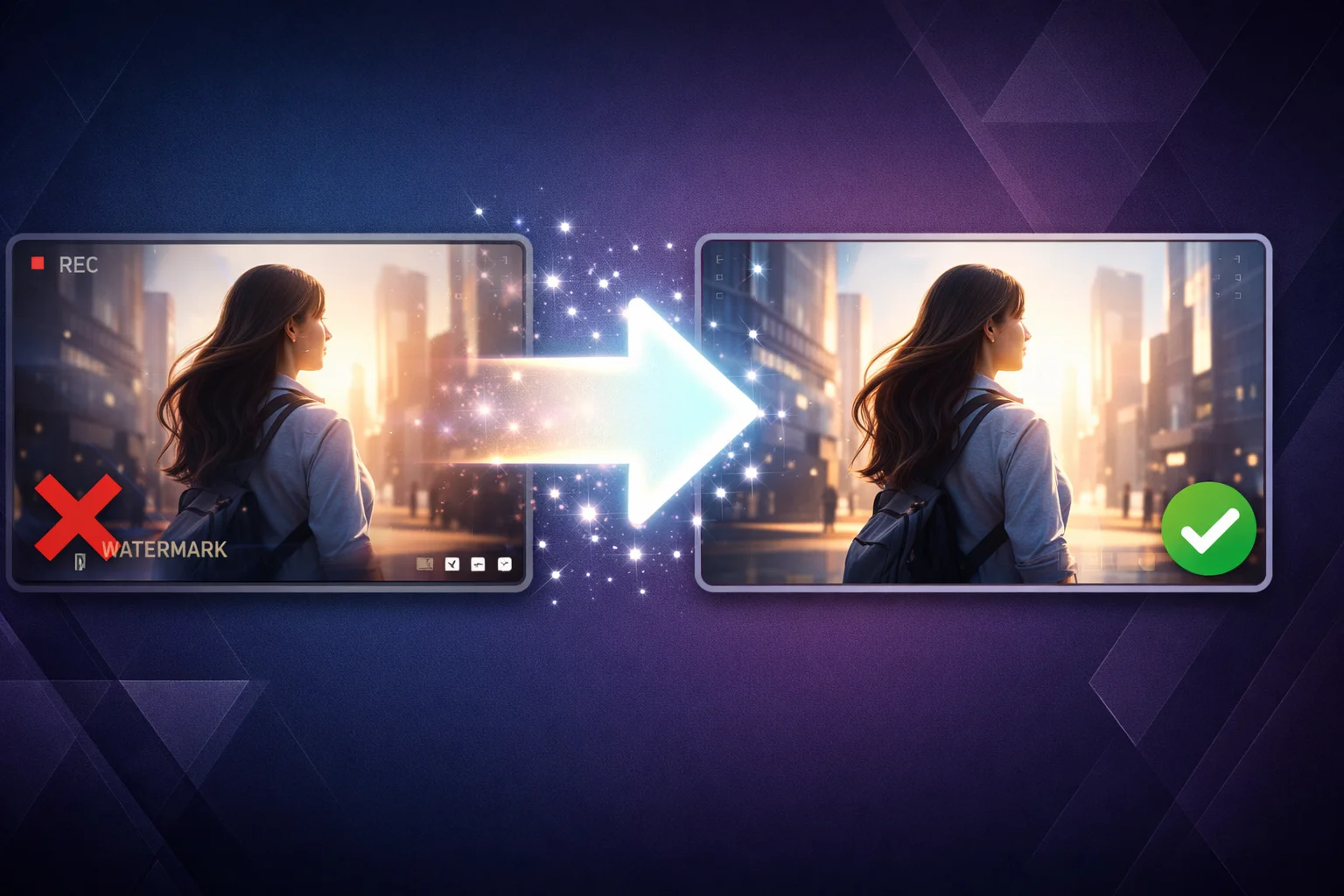 Before and after comparison of Seedance 2.0 watermark removal showing a woman walking through a city