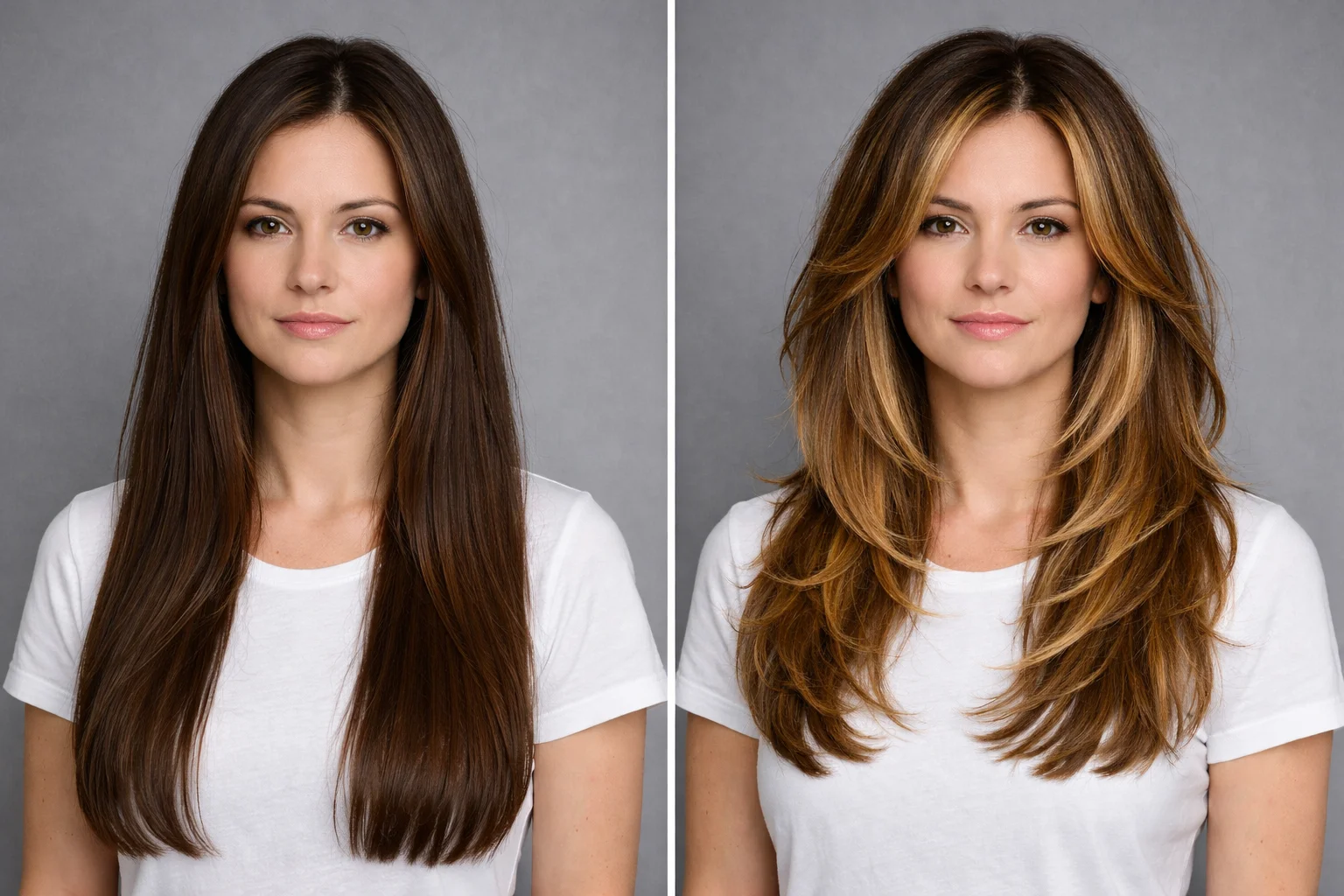 Before and after hairstyle transformation - Long layered hairstyle with honey blonde highlights