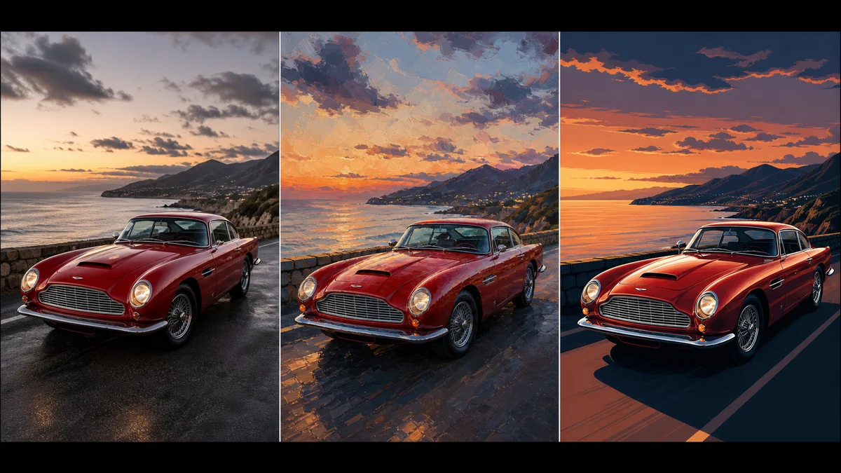 FLUX 3 generation style comparison Three-column AI generation style comparison using the same red vintage car scene