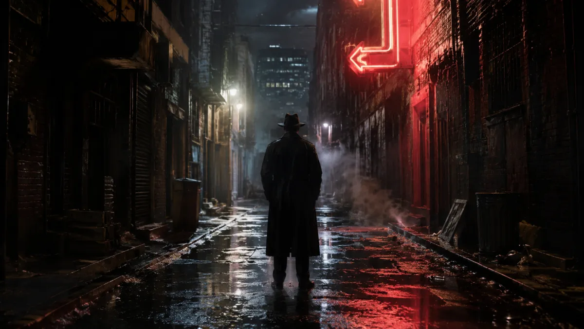 Curtas cinematográficos com Gemini Omni Caso de uso de curta cinematográfico Gemini Omni, cena de beco noir