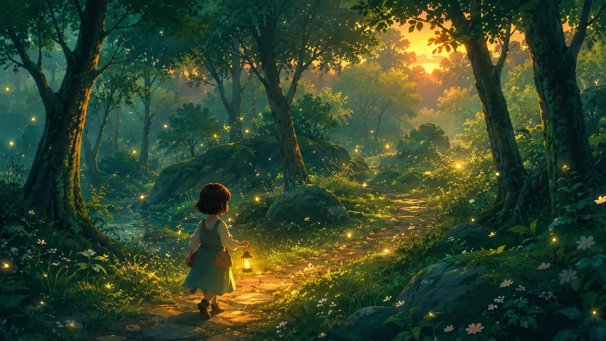 Animação narrativa com Gemini Omni Animação narrativa Gemini Omni, cena de floresta com lanternas estilo Ghibli