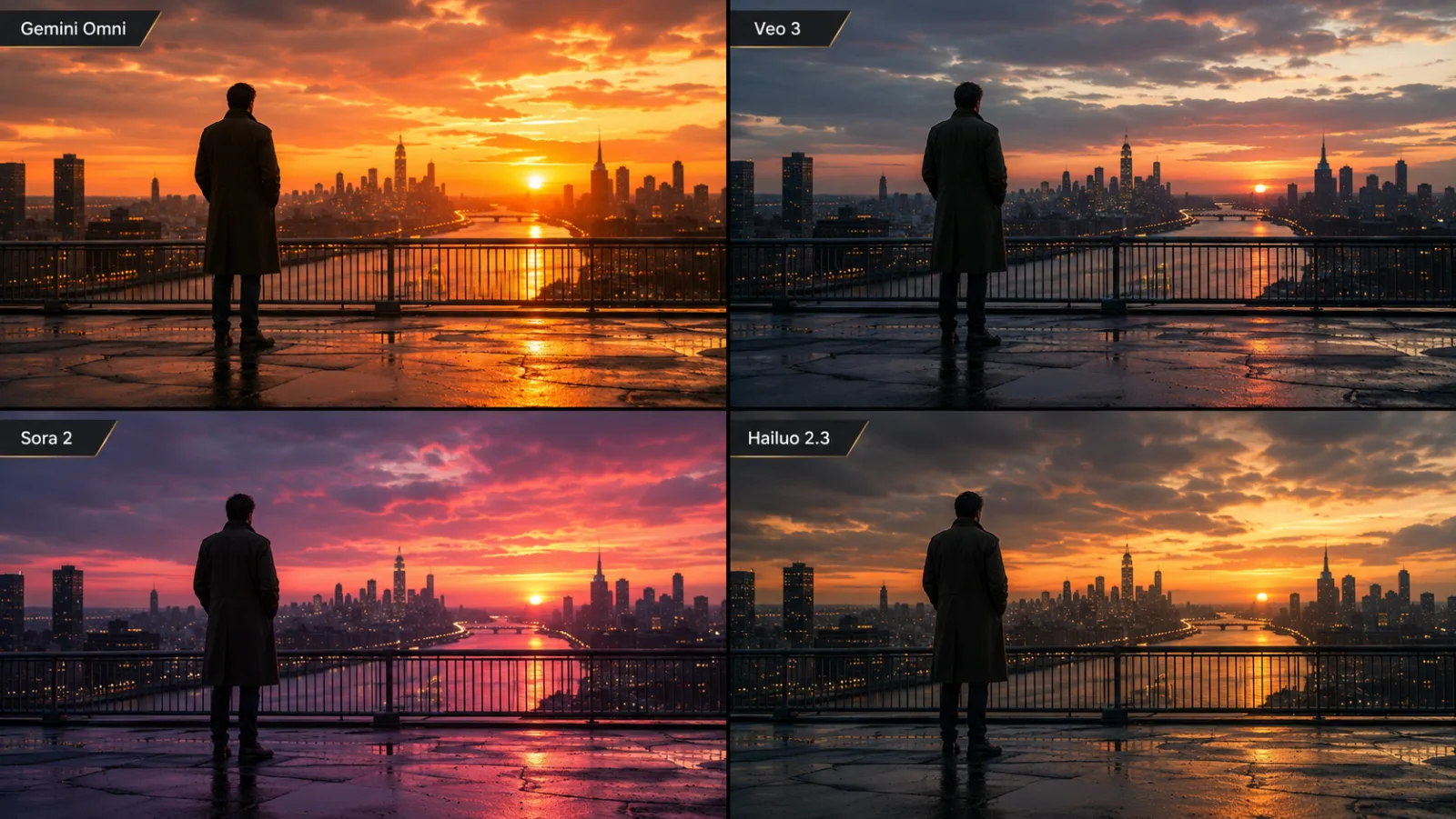 Comparação do modelo Gemini Omni Gemini Omni vs Veo 3 vs Sora 2 vs Hailuo 2.3, comparação de qualidade cinematográfica