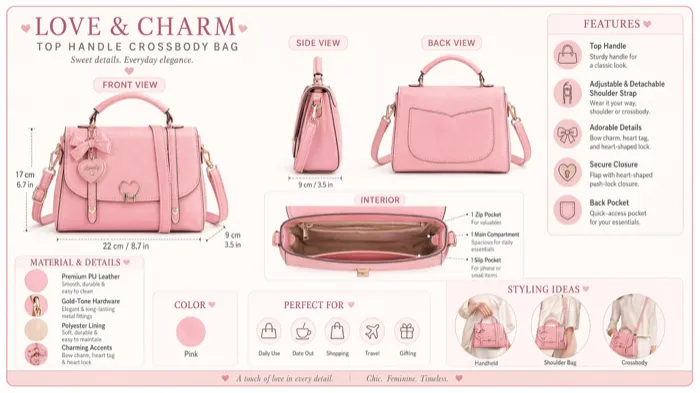 GPT Image 2 generated product detail infographic for handbag with readable specifications and feature labels
