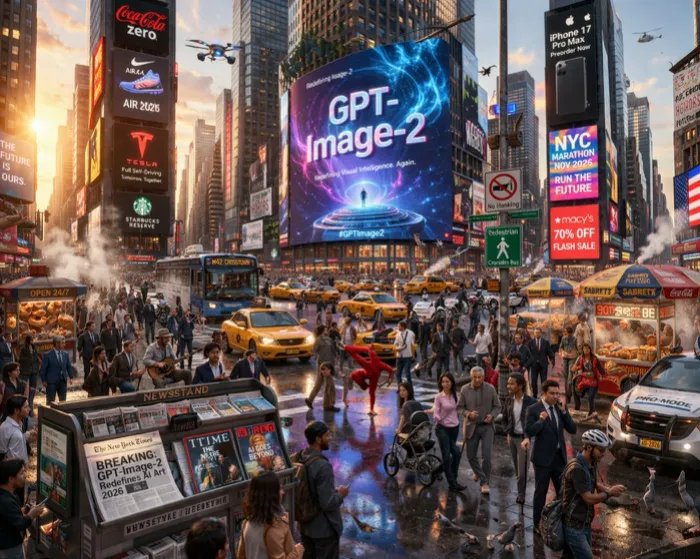 Hyper-realistic Times Square scene generated by GPT Image 2 with readable billboards signs and street text